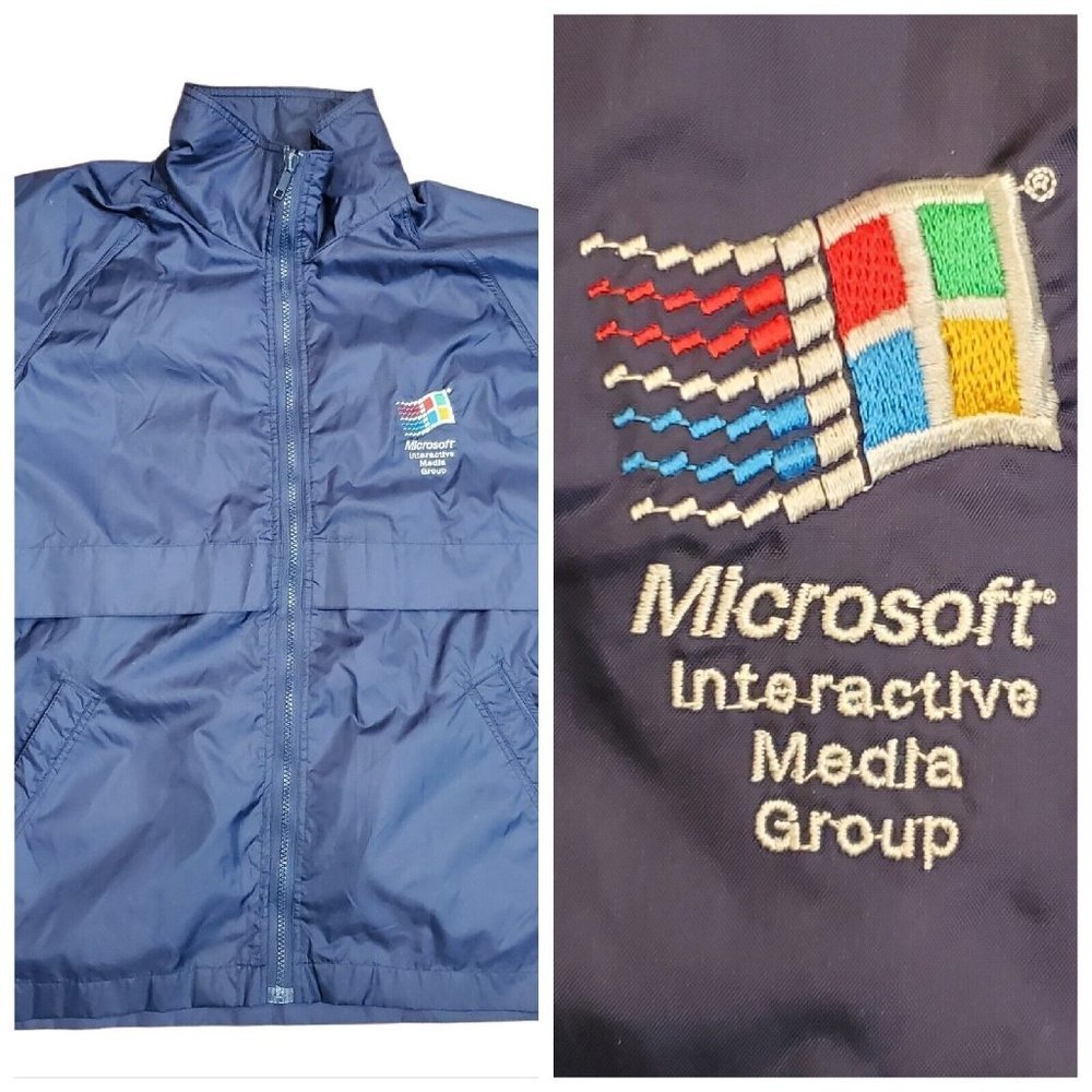 Vintage 90s Y2K‎ Microsoft Blue Zipup Jacket Windbreaker Embroidered Media Group